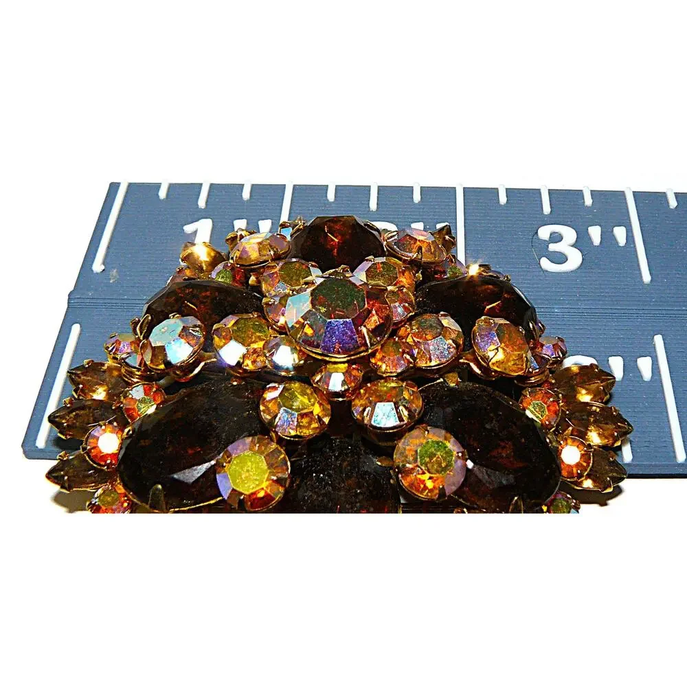 Vtg Gold Tone Aurora Borealis Rhinestone Brooch Pin 3